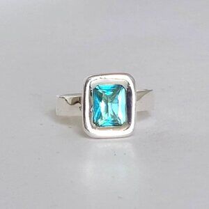 Vintage Sterling Silver Blue Topaz Aqua Emerald Cut Boho Square Cocktail Ring